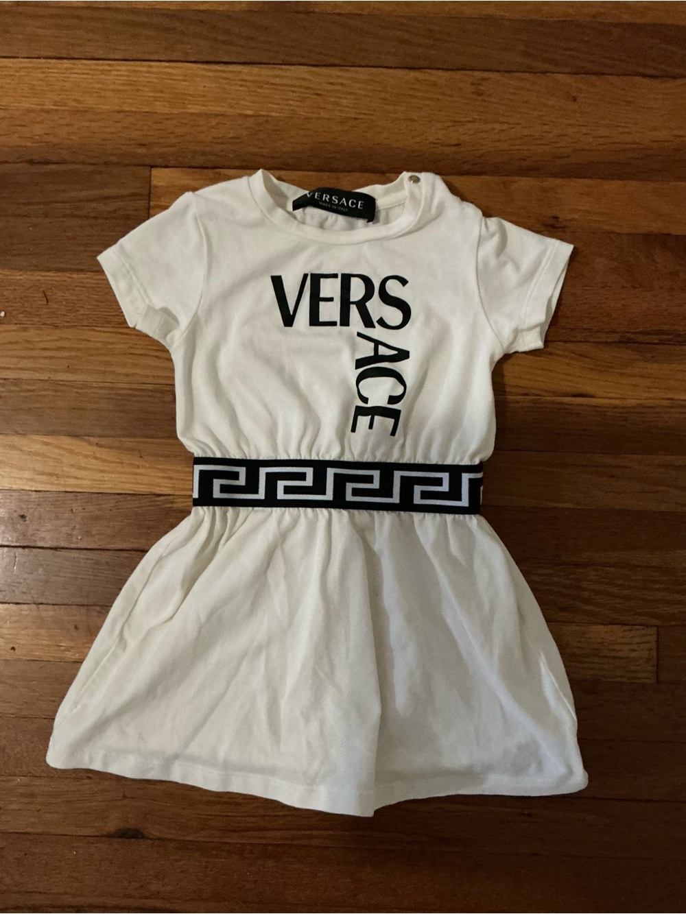 Versace White and Black Logo Dress with Greek Key Band